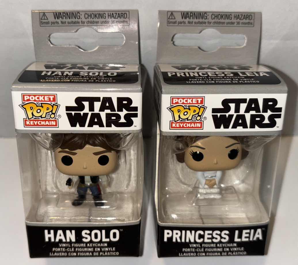 Photo 1 of NEW 2-PACK FUNKO POP!
STAR WARS POCKET POP VINYL FIGURE KEYCHAIN, “HAN SOLO” & "PRINCESS LEIA"