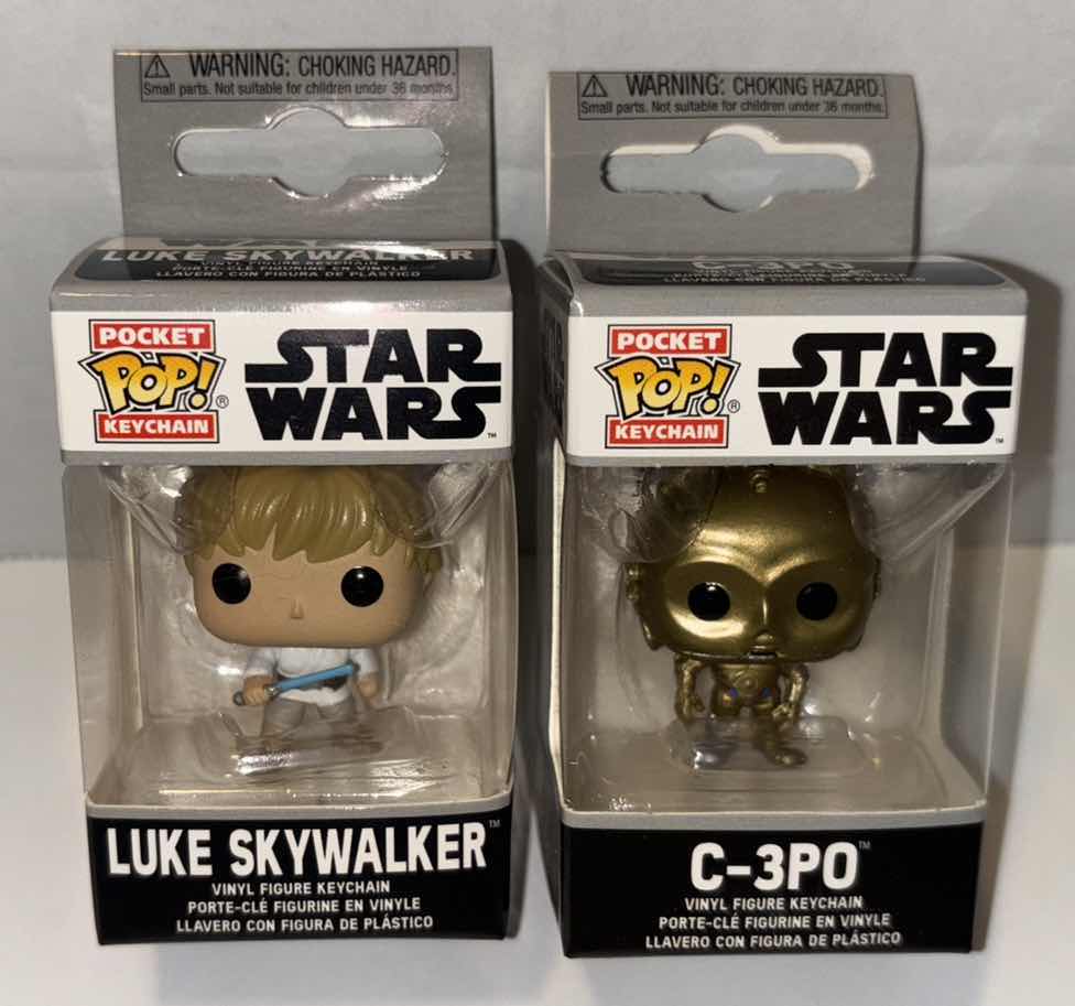 Photo 1 of NEW 2-PACK FUNKO POP!
STAR WARS POCKET POP VINYL FIGURE KEYCHAIN, "LUKE SKYWALKER" & "C-3PO"