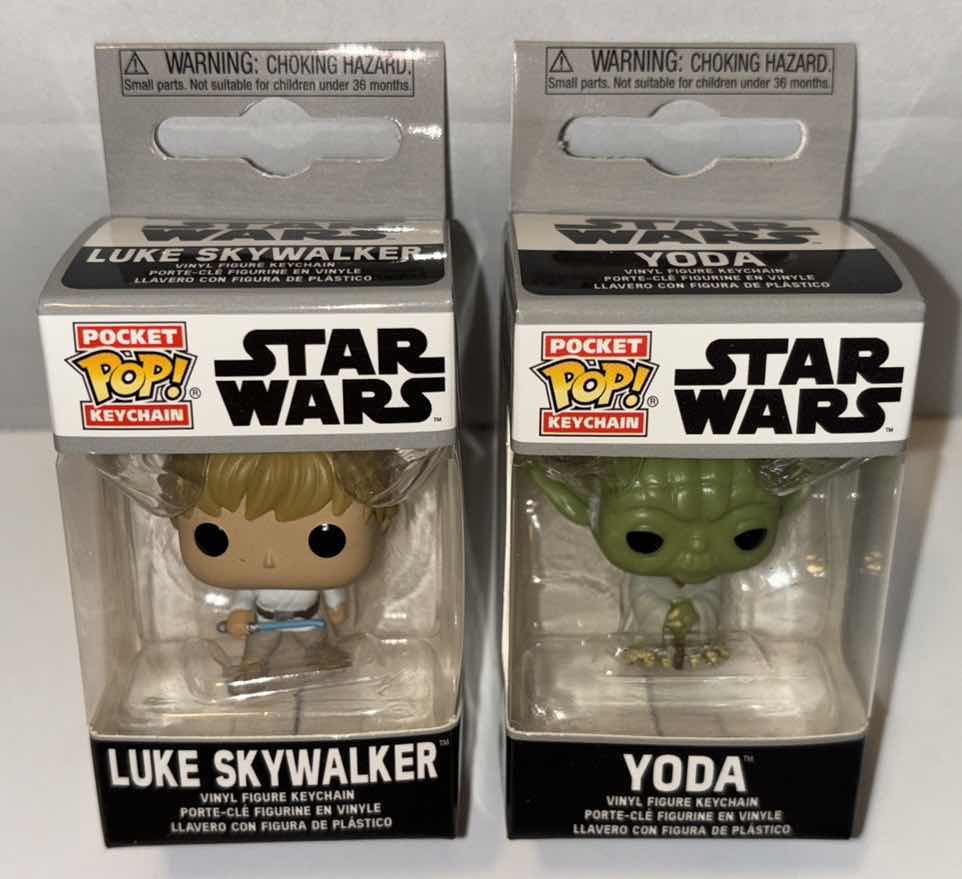 Photo 1 of NEW 2-PACK FUNKO POP!
STAR WARS POCKET POP VINYL FIGURE KEYCHAIN, "LUKE SKYWALKER" & "YODA"