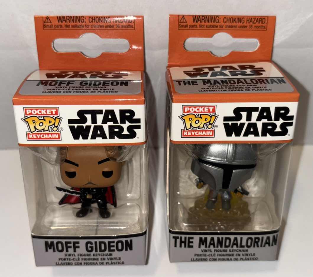 Photo 1 of NEW 2-PACK FUNKO POP!
STAR WARS POCKET POP VINYL FIGURE KEYCHAIN, "MOFF GIDEON" & "THE MANDALORIAN W BLASTER"