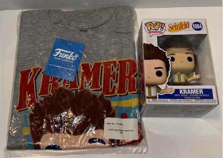 Photo 1 of NEW FUNKO POP! SEINFELD TEE & VINYL FIGURE BUNDLE, KRAMER SALTY PRETZEL T-SHIRT & #1084 KRAMER (COLOR:SPORTS GREY, SIZE: 2X)