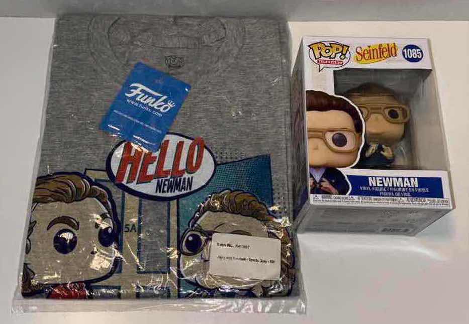 Photo 1 of NEW FUNKO POP! SEINFELD TEE & VINYL FIGURE BUNDLE, JERRY/NEWMAN T-SHIRT & #1085 NEWMAN THE MAILMAN (COLOR:SPORTS GREY, SIZE: 2X)