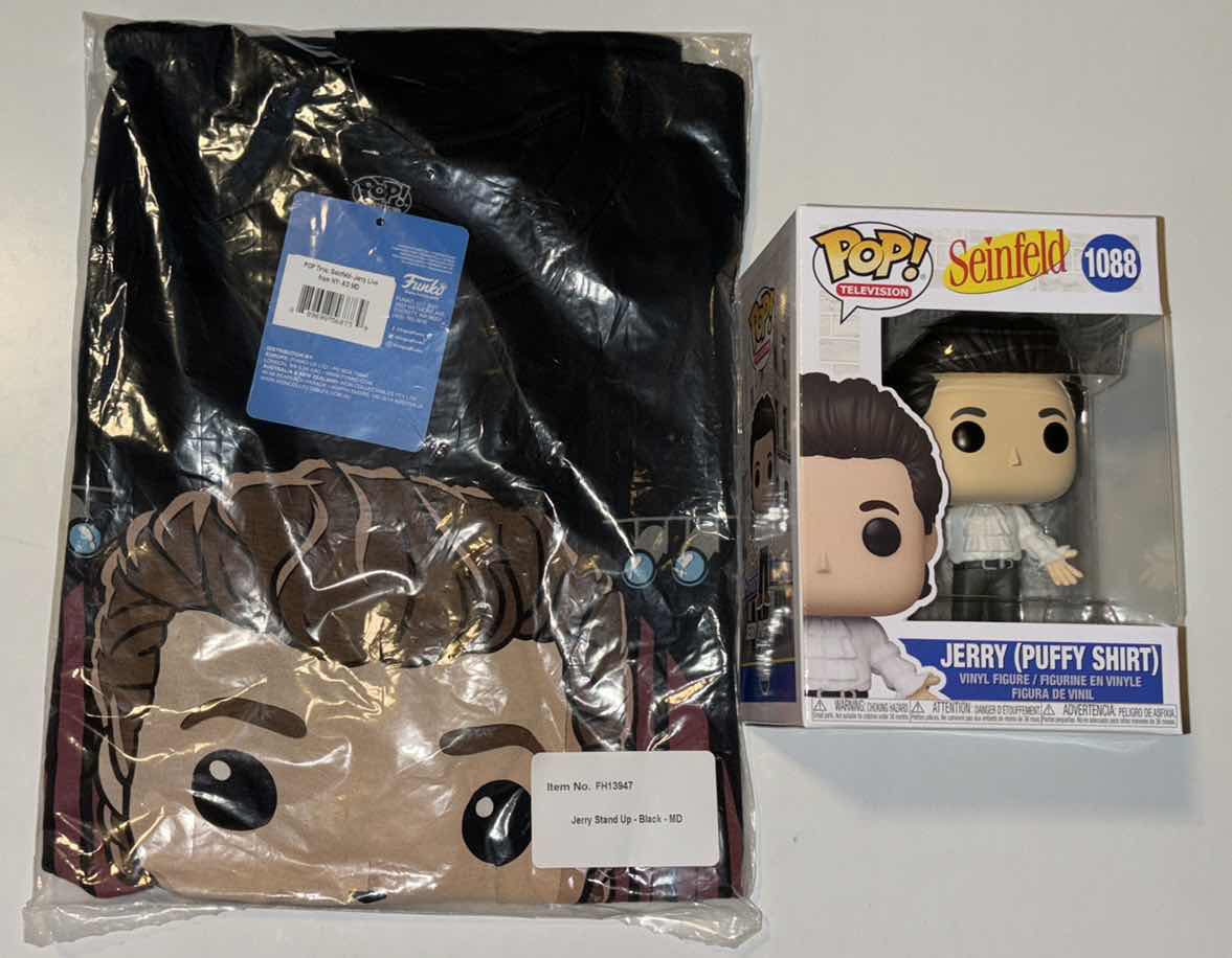 Photo 1 of NEW FUNKO POP! SEINFELD TEE & VINYL FIGURE BUNDLE, JERRY STAND UP T-SHIRT & #1088 JERRY (PUFFY SHIRT)
(COLOR:BLACK, SIZE: LARGE)