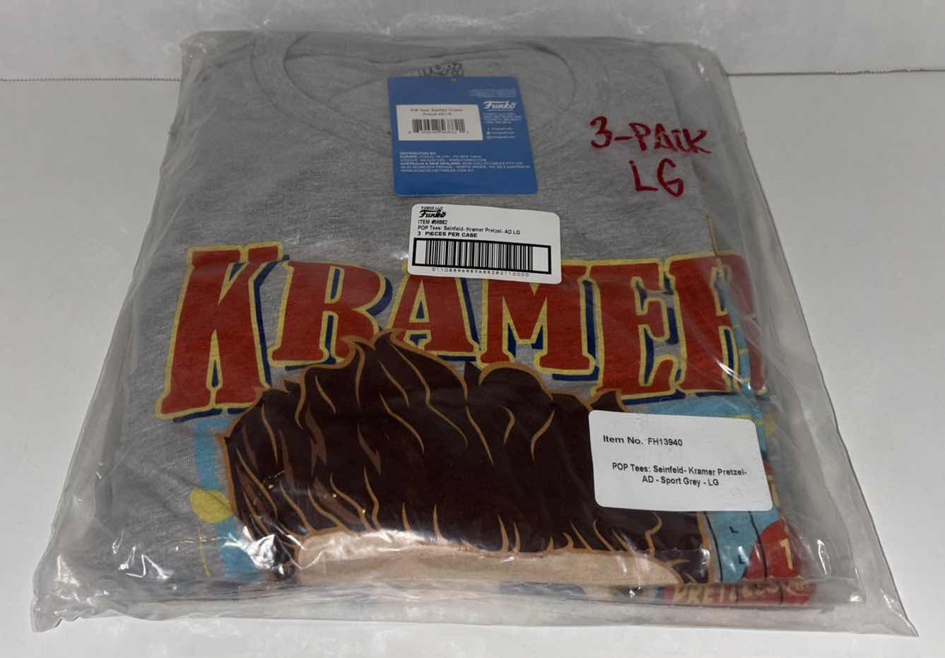 Photo 3 of NEW 3-PACK FUNKO POP! SEINFELD TEE “KRAMER SALTY PRETZEL” T-SHIRTS (COLOR: SPORTS GREY, SIZE: LARGE)