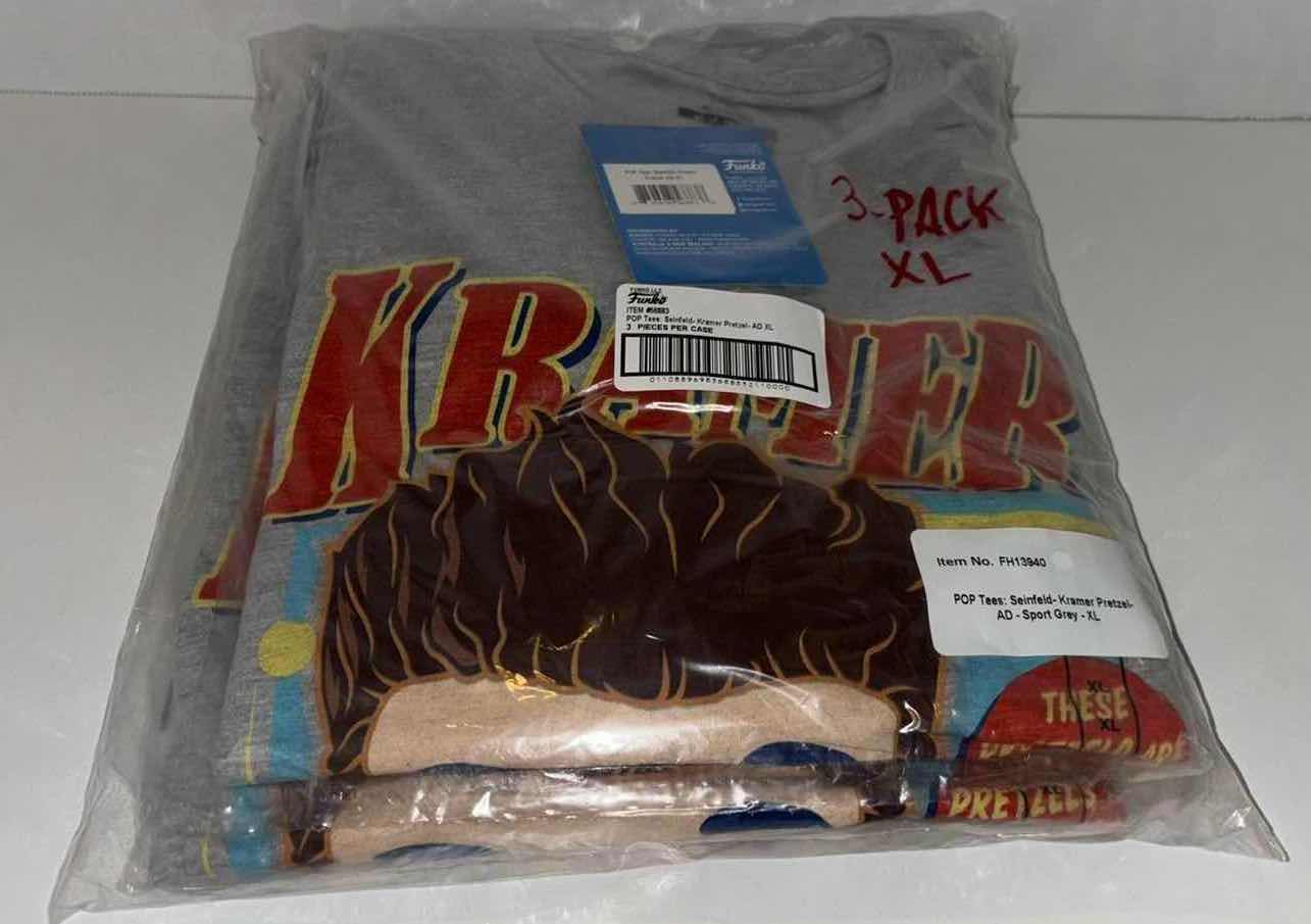 Photo 3 of NEW 3-PACK FUNKO POP! SEINFELD TEE “KRAMER SALTY PRETZEL” T-SHIRTS (COLOR: SPORTS GREY, SIZE:
X-LARGE)