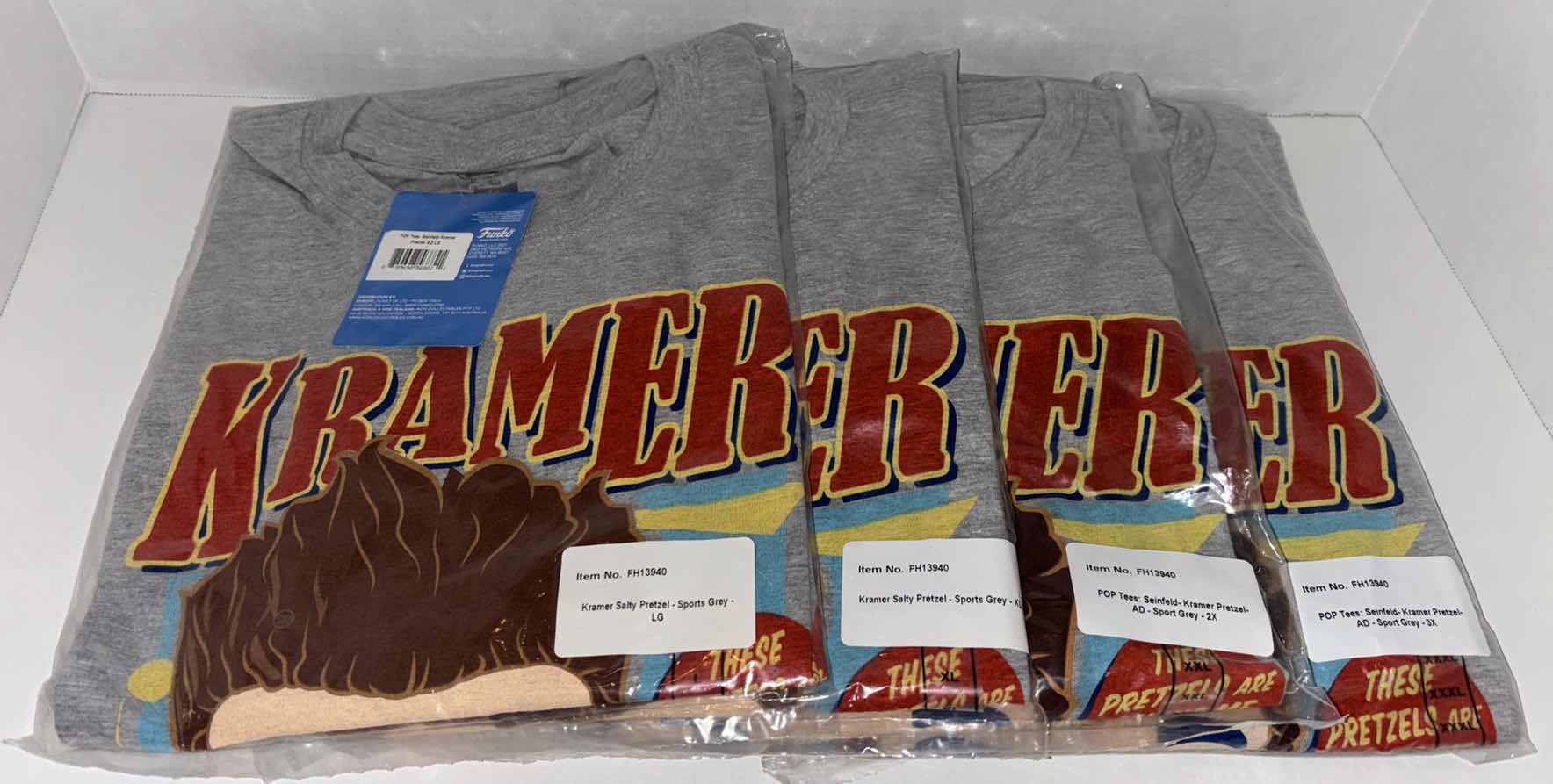 Photo 1 of NEW 4-PACK MULTI-SIZE BUNDLE FUNKO POP! SEINFELD TEE “KRAMER SALTY PRETZEL” T-SHIRTS (COLOR: SPORTS GREY, SIZES: L, XL, 2X, 3X)