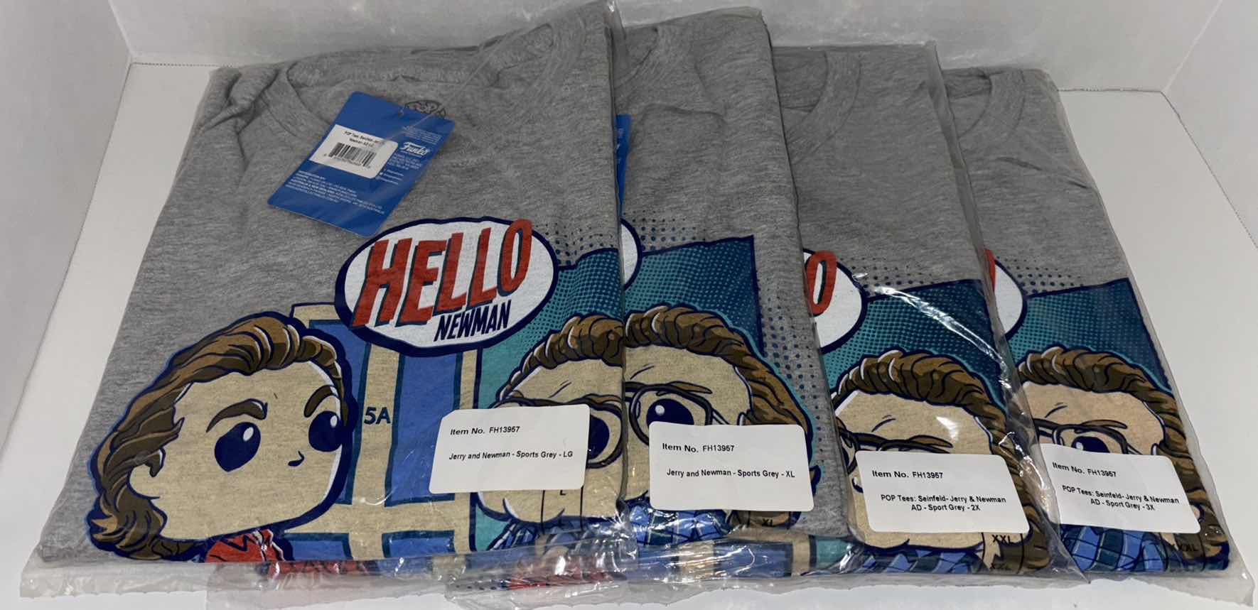 Photo 1 of NEW 4-PACK MULTI-SIZE BUNDLE FUNKO POP! SEINFELD TEE “JERRY/NEWMAN” T-SHIRTS (COLOR: SPORTS GREY, SIZES: L, XL, 2X, 3X)