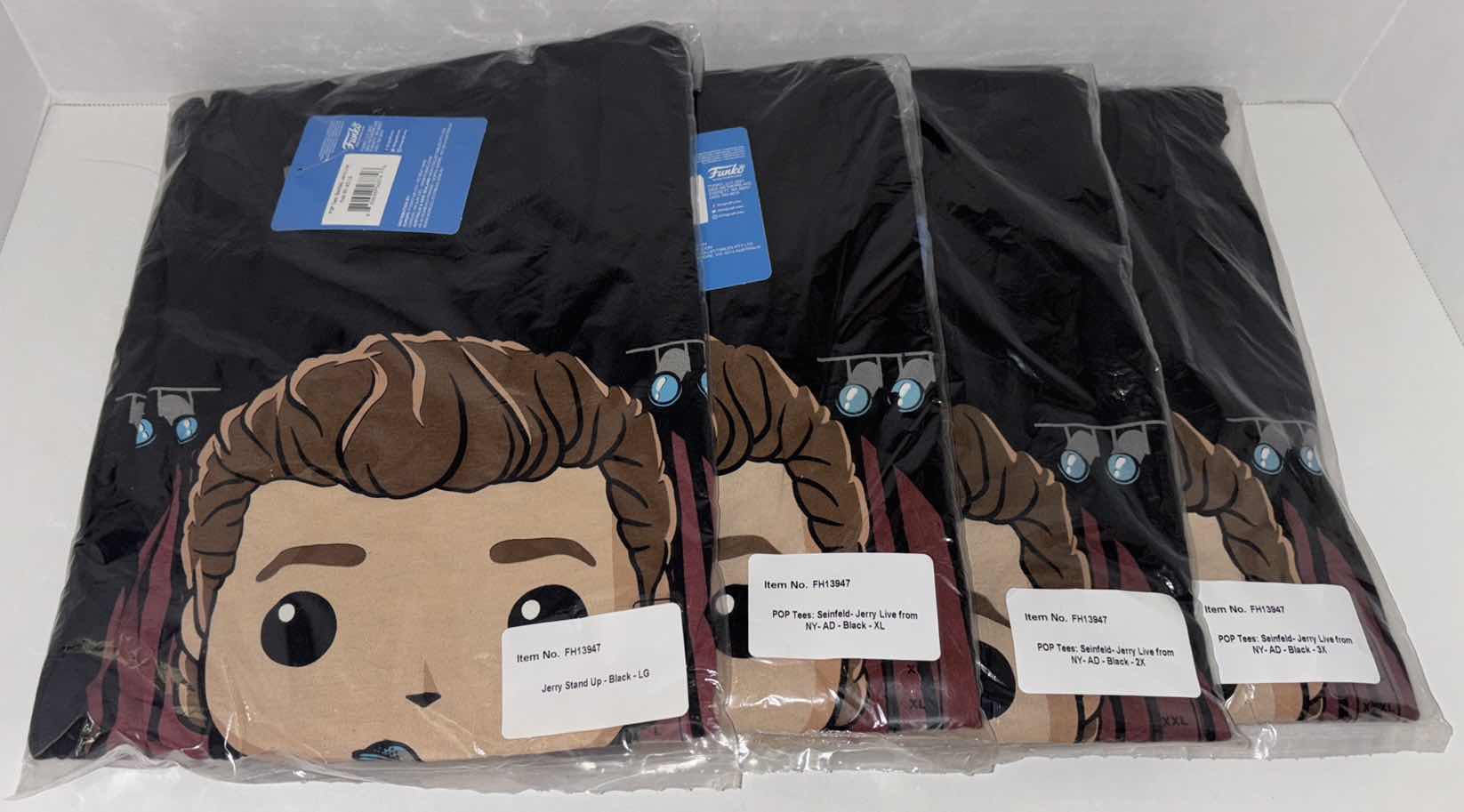 Photo 1 of NEW 4-PACK MULTI-SIZE BUNDLE FUNKO POP! SEINFELD TEE “JERRY STAND-UP” T-SHIRTS (COLOR: BLACK, SIZES: L, XL, 2X, 3X)