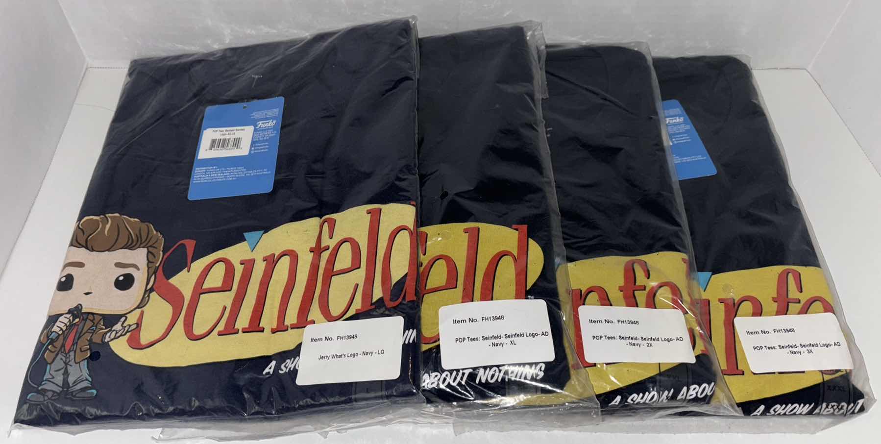 Photo 1 of NEW 4-PACK MULTI-SIZE BUNDLE FUNKO POP! SEINFELD TEE “SEINFELD LOGO” T-SHIRTS (COLOR: NAVY, SIZES: L, XL, 2X, 3X)