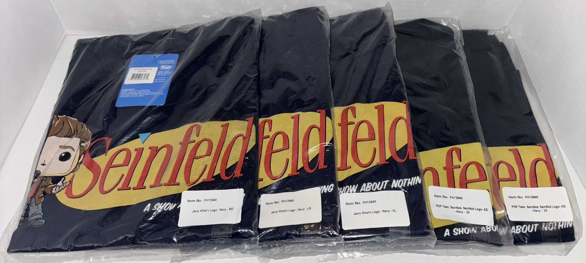 Photo 1 of NEW 5-PACK MULTI-SIZE BUNDLE FUNKO POP! SEINFELD TEE “SEINFELD LOGO” T-SHIRTS (COLOR: NAVY, SIZES: MD, L, XL, 2X, 3X)