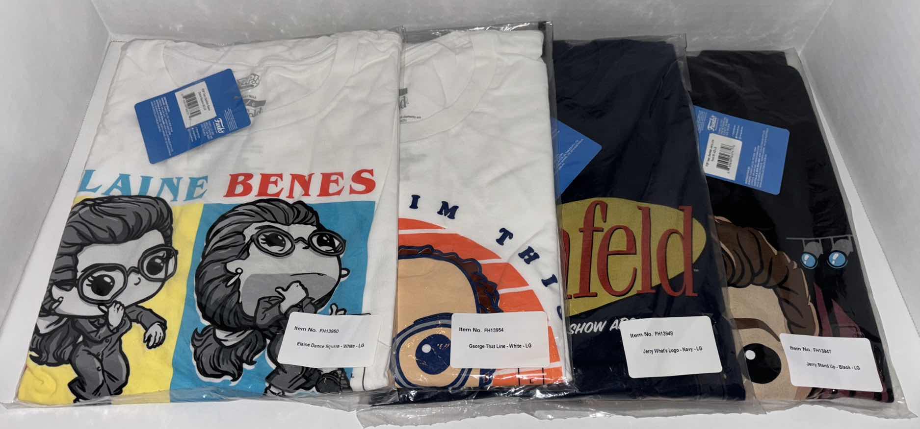 Photo 1 of NEW 4-PACK VARIETY BUNDLE FUNKO POP! SEINFELD TEE “ELAINE , GEORGE, SEINFELD LOGO & JERRY STAND-UP” T-SHIRTS  (COLOR: WHITE, NAVY, BLACK, SIZES: LARGE)