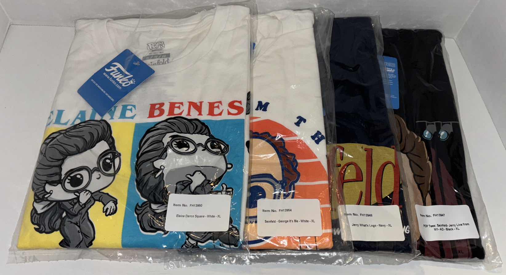 Photo 1 of NEW 4-PACK VARIETY BUNDLE FUNKO POP! SEINFELD TEE “ELAINE , GEORGE, SEINFELD LOGO & JERRY STAND-UP” T-SHIRTS  (COLOR: WHITE, NAVY, BLACK, SIZES: X-LARGE)