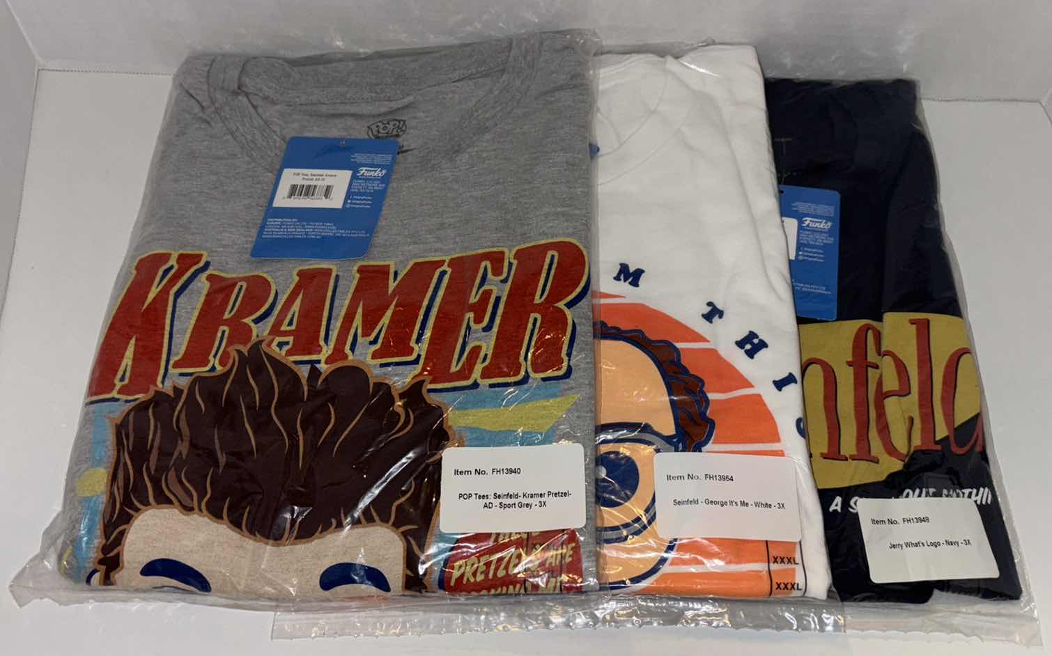 Photo 1 of NEW 3-PACK VARIETY BUNDLE FUNKO POP! SEINFELD TEE “KRAMER, GEORGE, SEINFELD LOGO” T-SHIRTS  (COLOR: SPORTS GREY, WHITE, NAVY, SIZES: 3X)