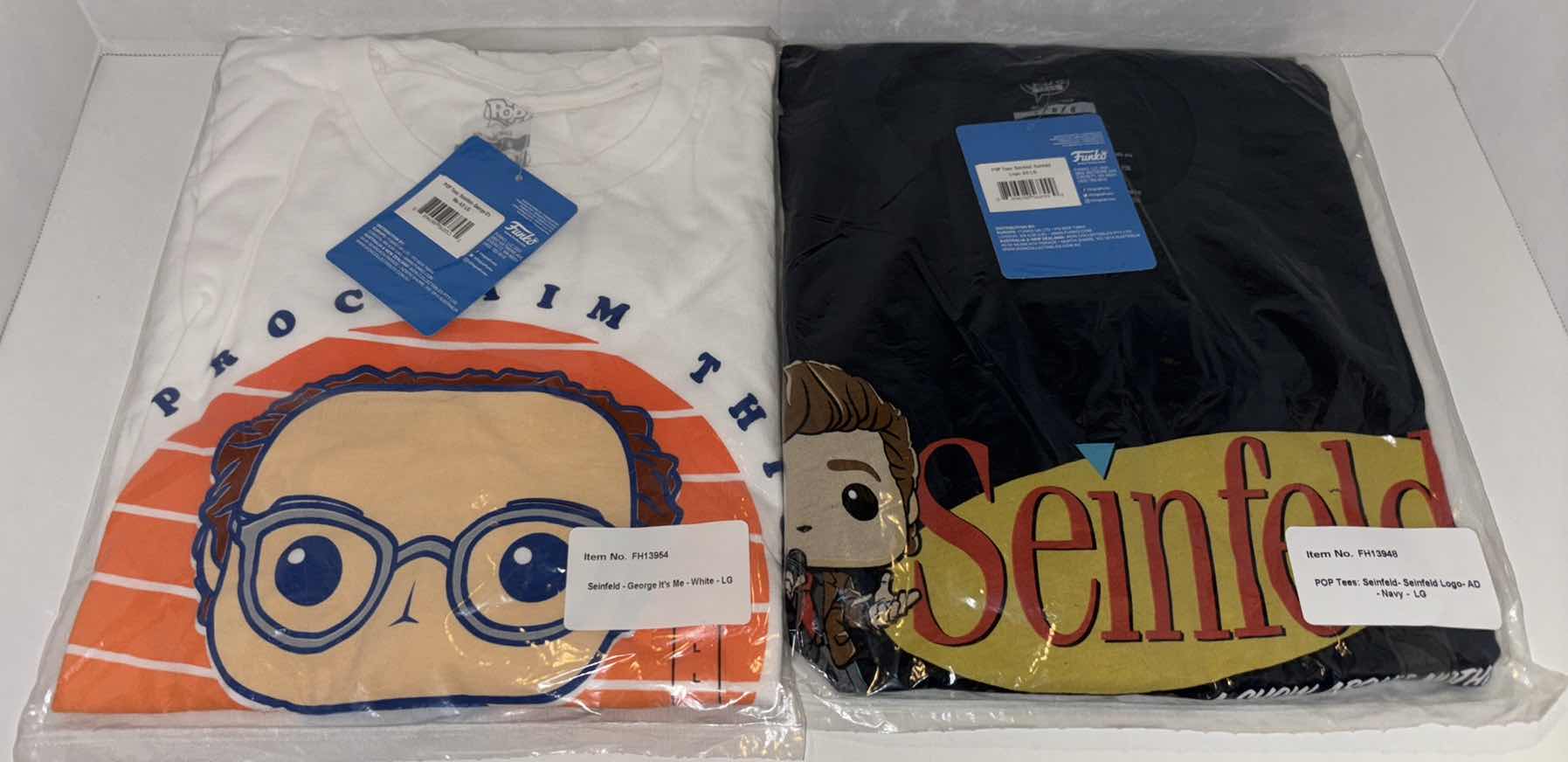 Photo 1 of NEW 2-PACK VARIETY BUNDLE FUNKO POP! SEINFELD TEE “GEORGE & SEINFELD LOGO” T-SHIRTS  (COLOR: WHITE, NAVY, SIZES: LARGE)