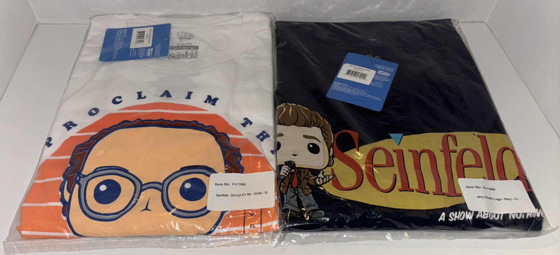 Photo 1 of NEW 2-PACK VARIETY BUNDLE FUNKO POP! SEINFELD TEE “GEORGE & SEINFELD LOGO” T-SHIRTS  (COLOR: WHITE, NAVY, SIZES: X-LARGE)