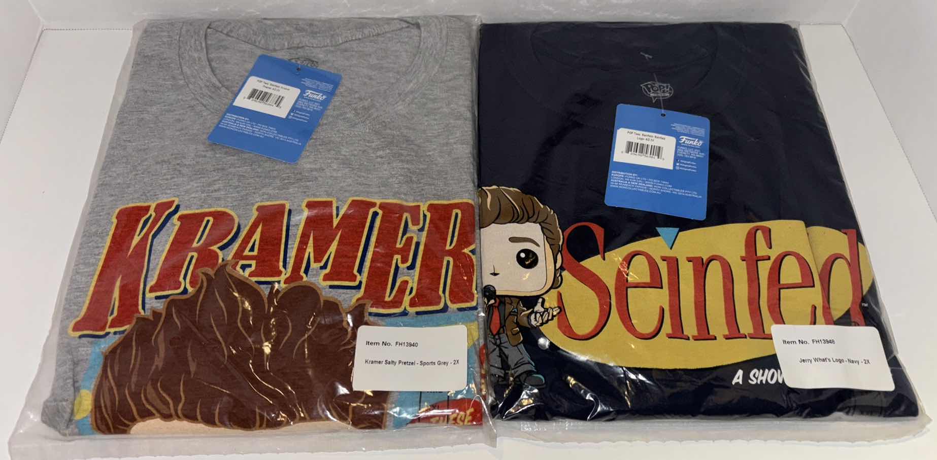 Photo 1 of NEW 2-PACK VARIETY BUNDLE FUNKO POP! SEINFELD TEE “KRAMER & SEINFELD LOGO” T-SHIRTS  (COLOR: SPORTS GREY & NAVY, SIZES: 2X)