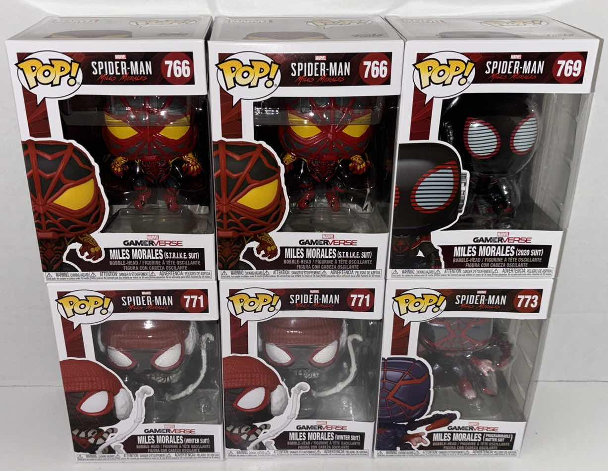 Photo 1 of NEW 6-PACK ASSORTED MARVEL SPIDER-MAN MILES MORALES FUNKO POP! BOBBLEHEAD FIGURES, #766 (2), 769, 771 (2), 773