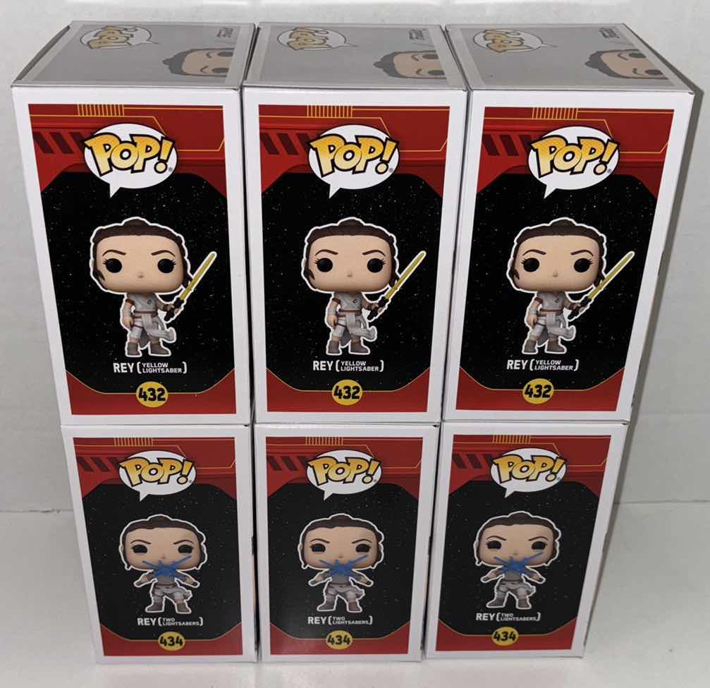 Photo 2 of NEW 6-PACK ASSORTED STAR WARS FUNKO POP! BOBBLEHEAD FIGURES, #432 REY W/YELLOW LIGHTSABER (3) & #434 REY W/TWO LIGHTSABERS(3)