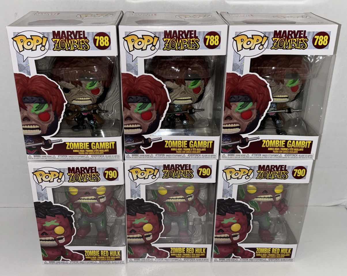 Photo 1 of NEW 6-PACK ASSORTED MARVEL ZOMBIES FUNKO POP! BOBBLE-HEAD FIGURES, #788 ZOMBIE GAMBIT (3) & #790 ZOMBIE RED HULK (3)