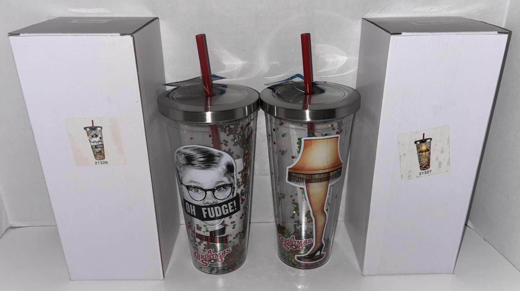 Photo 2 of NEW 2-PACK SPOONIQUES “A CHRISTMAS STORY” THEMED 20 OZ INSULATED CUPS, “OH FUDGE” & “LEG LAMP”