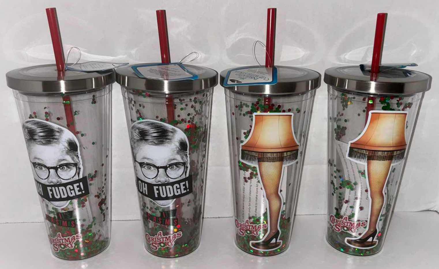 Photo 1 of NEW 4-PACK SPOONIQUES “A CHRISTMAS STORY” THEMED 20 OZ INSULATED CUPS, “OH FUDGE” (2) & “LEG LAMP” (2)