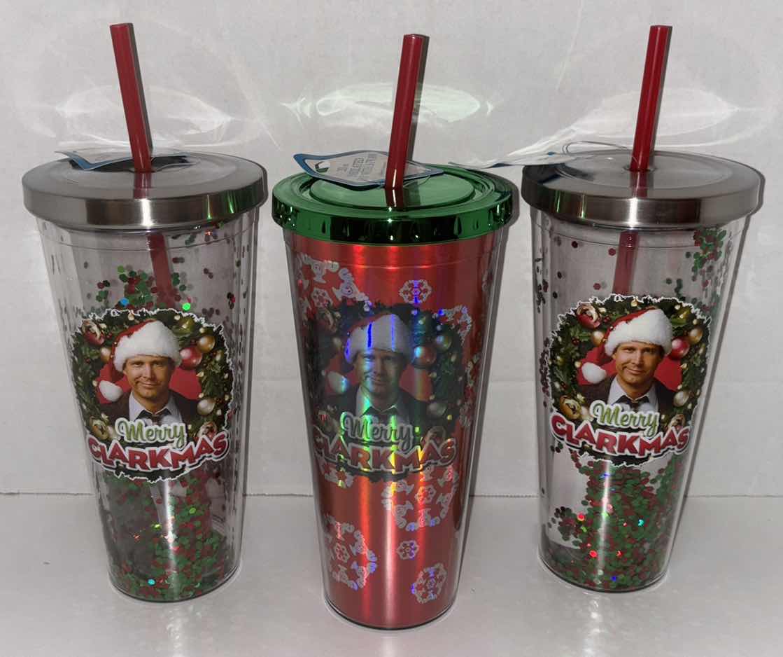 Photo 1 of NEW 3-PACK SPOONIQUES “NATIONAL LAMPOONS CHRISTMAS VACATION” THEMED 20 OZ INSULATED CUPS (2 SPARKLE “MERRY CLARKMAS”, 1 SNOWFLAKE “MERRY CLARKMAS”)