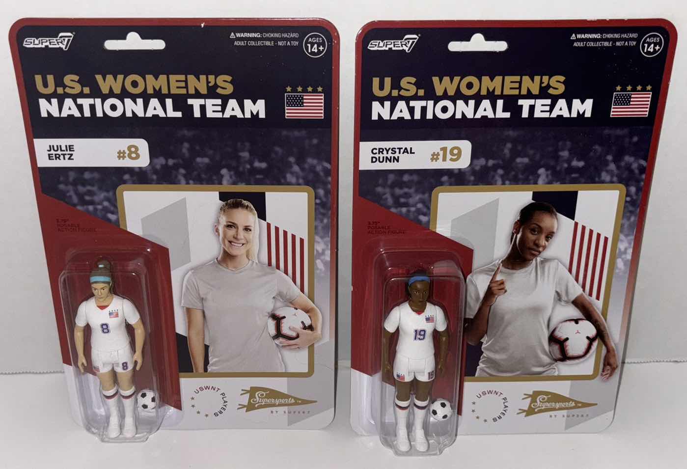 Photo 1 of NEW 2-PACK SUPER7 SUPERSPORTS U.S. WOMEN’S NATIONAL TEAM ACTION FIGURES, “#8 JULIE ERTZ” & “#19 CRYSTAL DUNN”