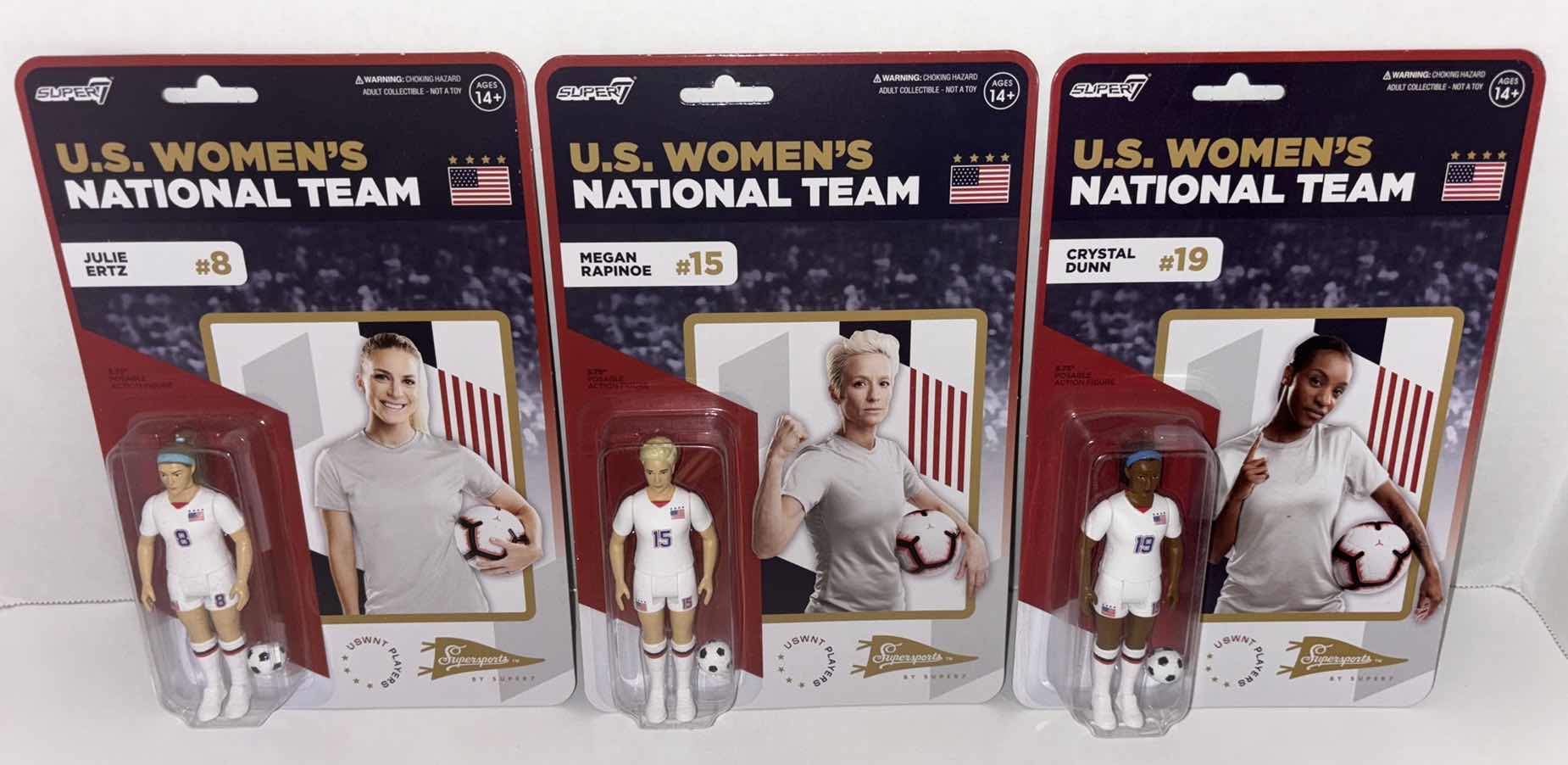 Photo 1 of NEW 3-PACK SUPER7 SUPERSPORTS U.S. WOMEN’S NATIONAL TEAM ACTION FIGURES, “#8 JULIE ERTZ”, “#15 MEGAN RAPINOE” & “#19 CRYSTAL DUNN”