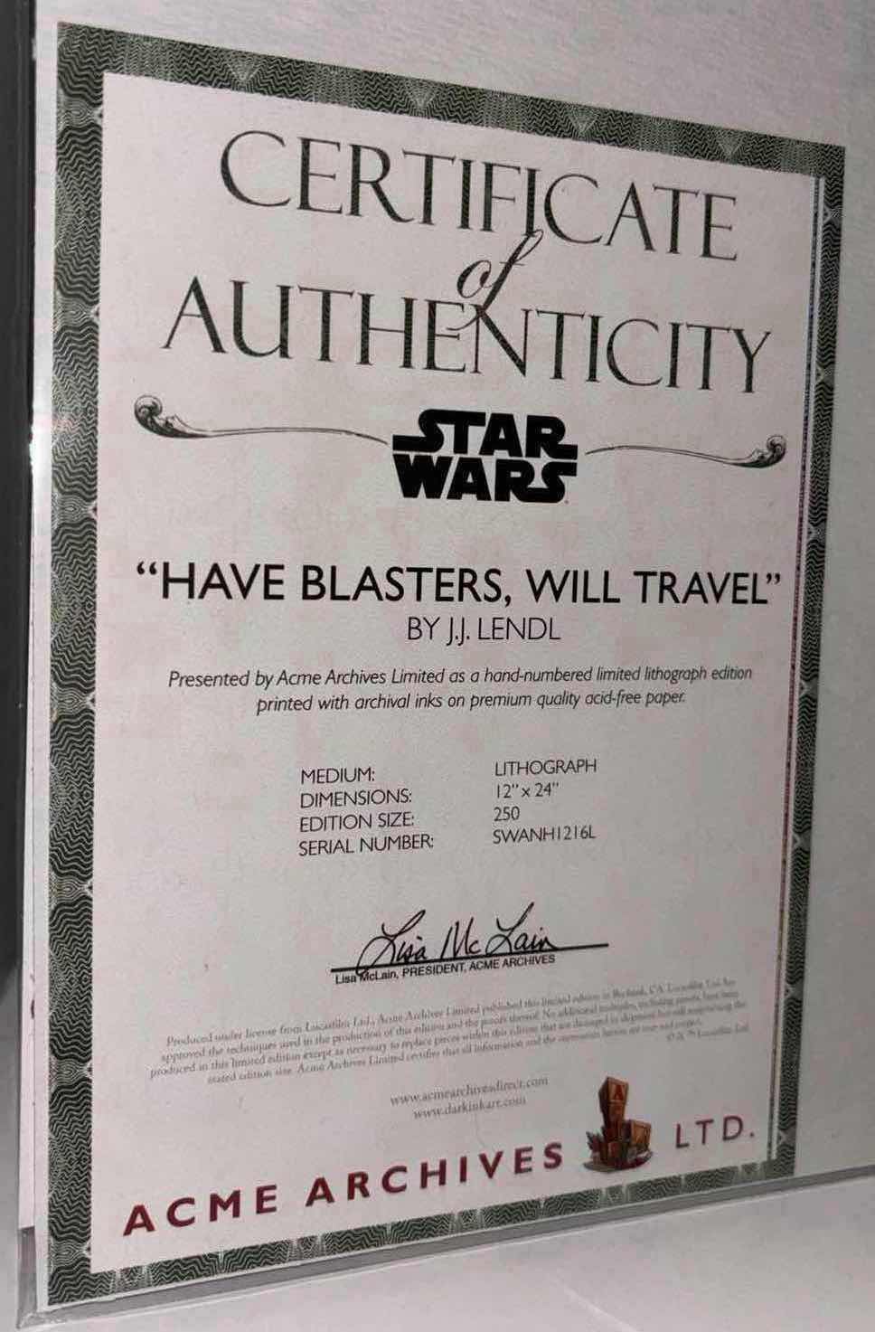 Photo 6 of $45 NEW ACME ARCHIVES DIRECT STAR WARS "HAVE BLASTERS, WILL TRAVEL" BY JJ LENDL 12" X 24" LITHOGRAPH UNFRAMED PRINT, INCLUDES CERTIFICATE OF AUTHENTICITY (#95 OF 250)