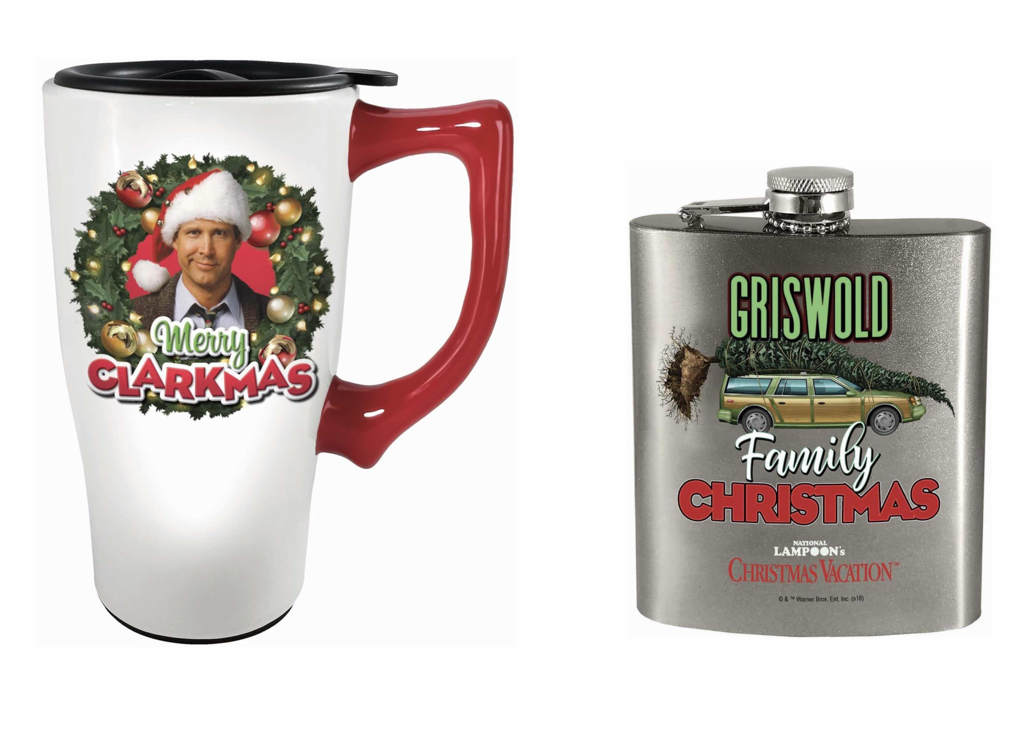 Photo 1 of NEW 2-PACK BUNDLE SPOONTIQUES NATIONAL LAMPOONS CHRISTMAS VACATION 18 OZ CERAMIC TRAVEL MUG W/HANDLE & SILVER 7 OZ HIP FLASK