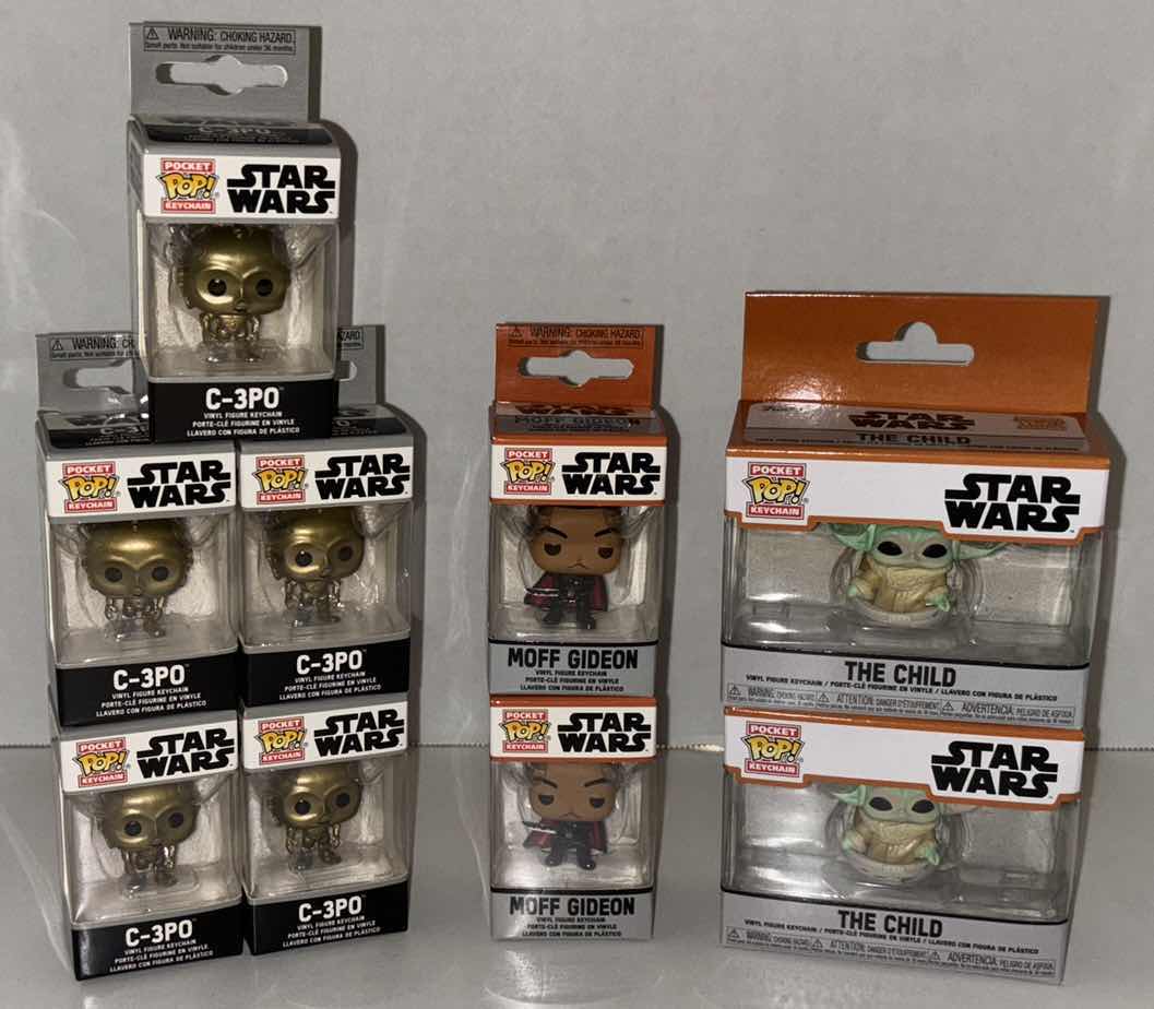 Photo 1 of NEW 9-PACK FUNKO POP!
STAR WARS POCKET POP VINYL FIGURE KEYCHAIN, “C-3PO” (5), “MOFF GIDEON” (2) & “THE CHILD” (2)