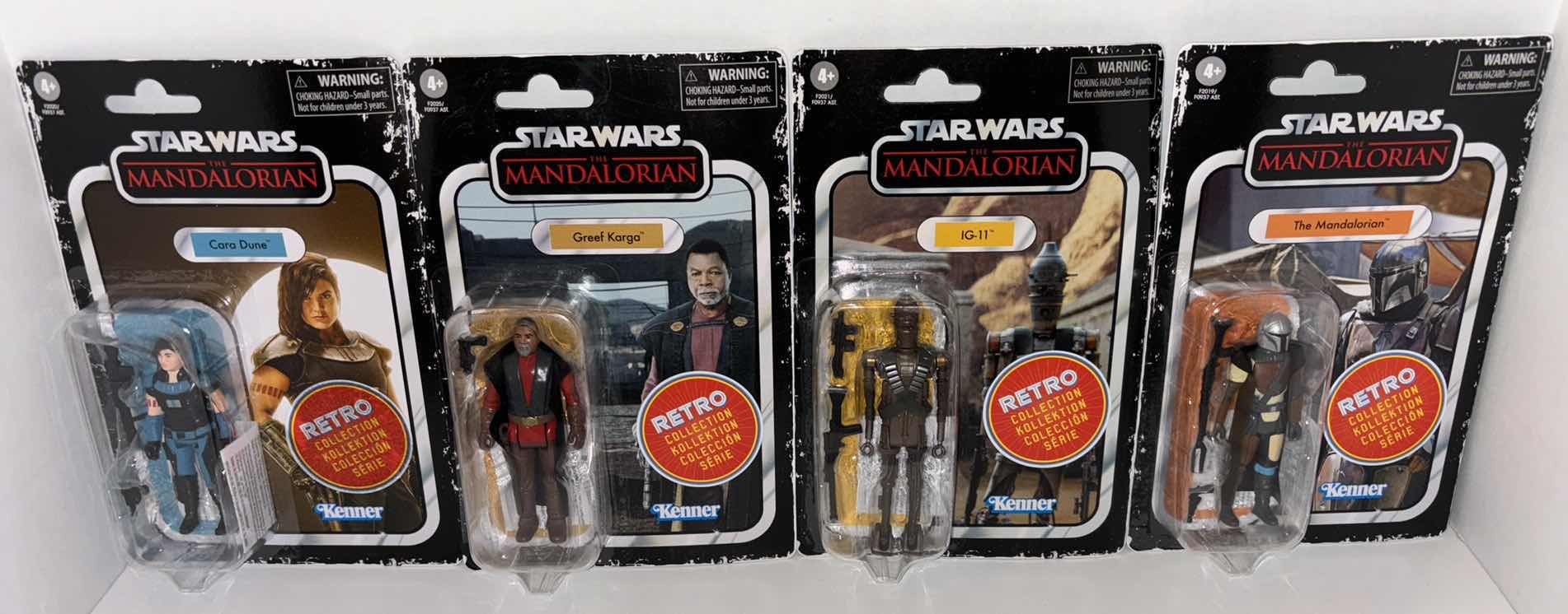 Photo 1 of NEW ASSORTED 4-PACK HASBRO KENNER STAR WARS THE RETRO COLLECTION ACTION FIGURE & ACCESSORIES, THE
MANDALORIAN “CARA DUNE, GREEF KARGA, IG-11, THE MANDALORIAN”