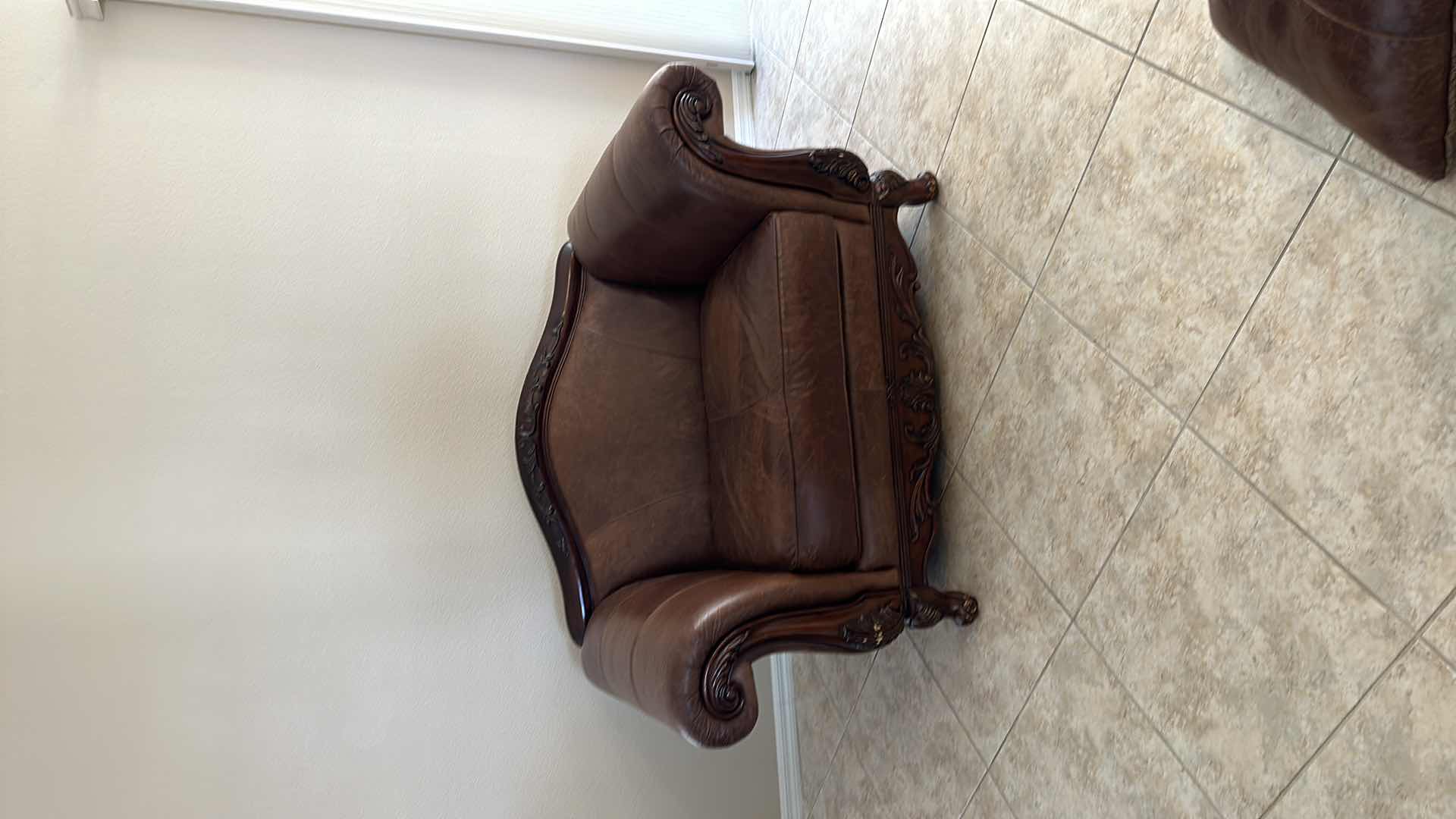 Photo 8 of BROWN LEATHER W ORNATE CHERRY TRIM OVERSIZED ARM CHAIR