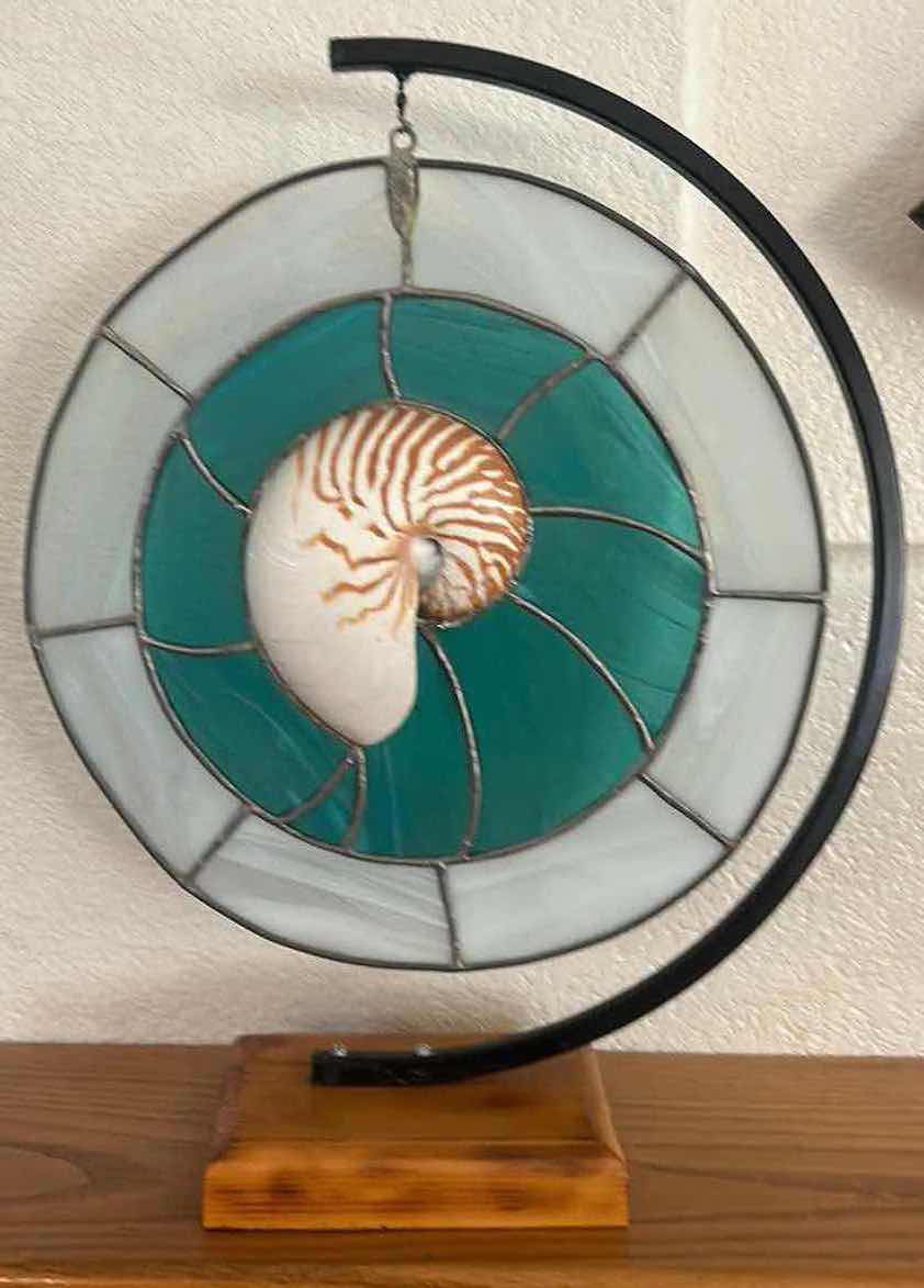 Photo 1 of HOME DECOR- STAINED GLASS AND METAL SCULPTURE WITH SHELL ON WOOD BASE H21”