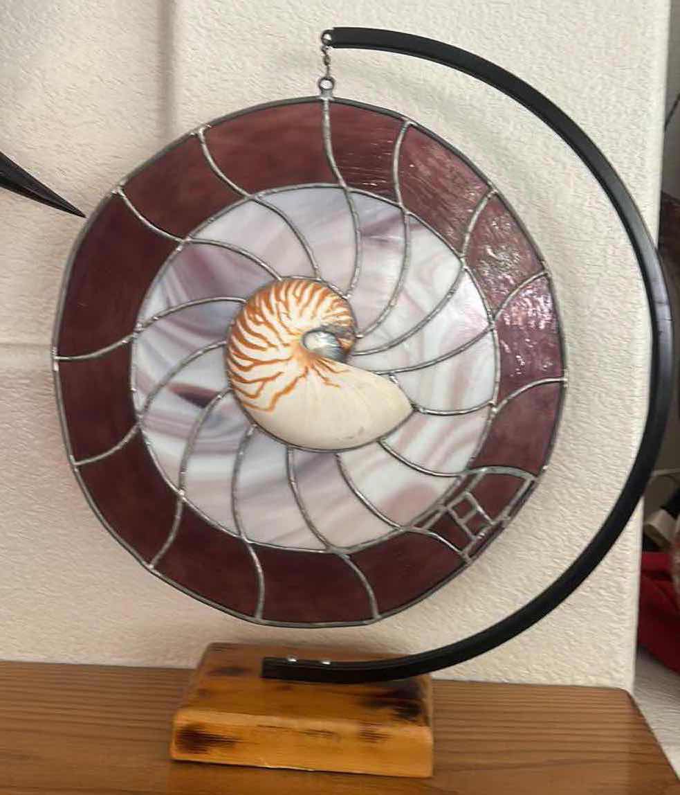 Photo 1 of HOME DECOR- STAINED GLASS AND METAL SCULPTURE WITH SHELL ON WOOD BASE H21”
