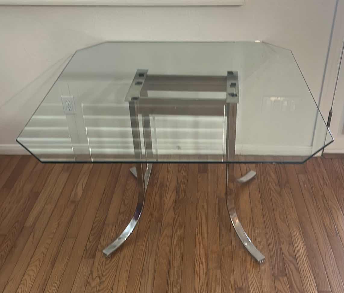 Photo 1 of CHROME AND GLASS DINING ROOM TABLE 42” x 42” x 28 1/2”
