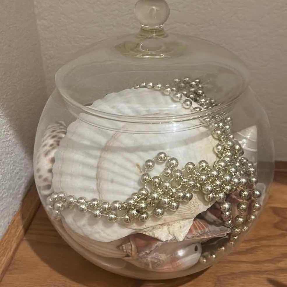 Photo 1 of GLASS JAR WITH SHELLS AND BEADS H9.5”