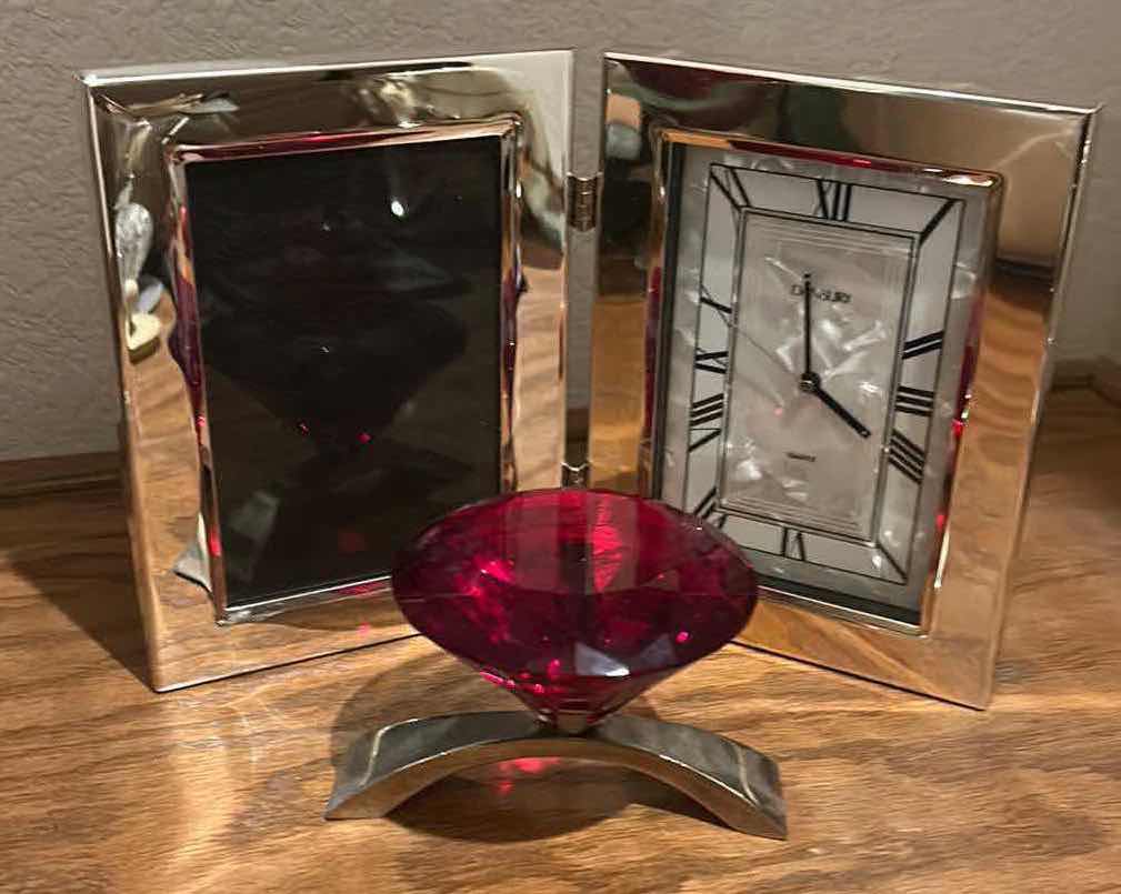 Photo 5 of QUARTZ PICTURE FRAME CLOCK AND RED CUT GLASS FACETED JEWEL (FRAME 4 1/2” x 6 1/2”)