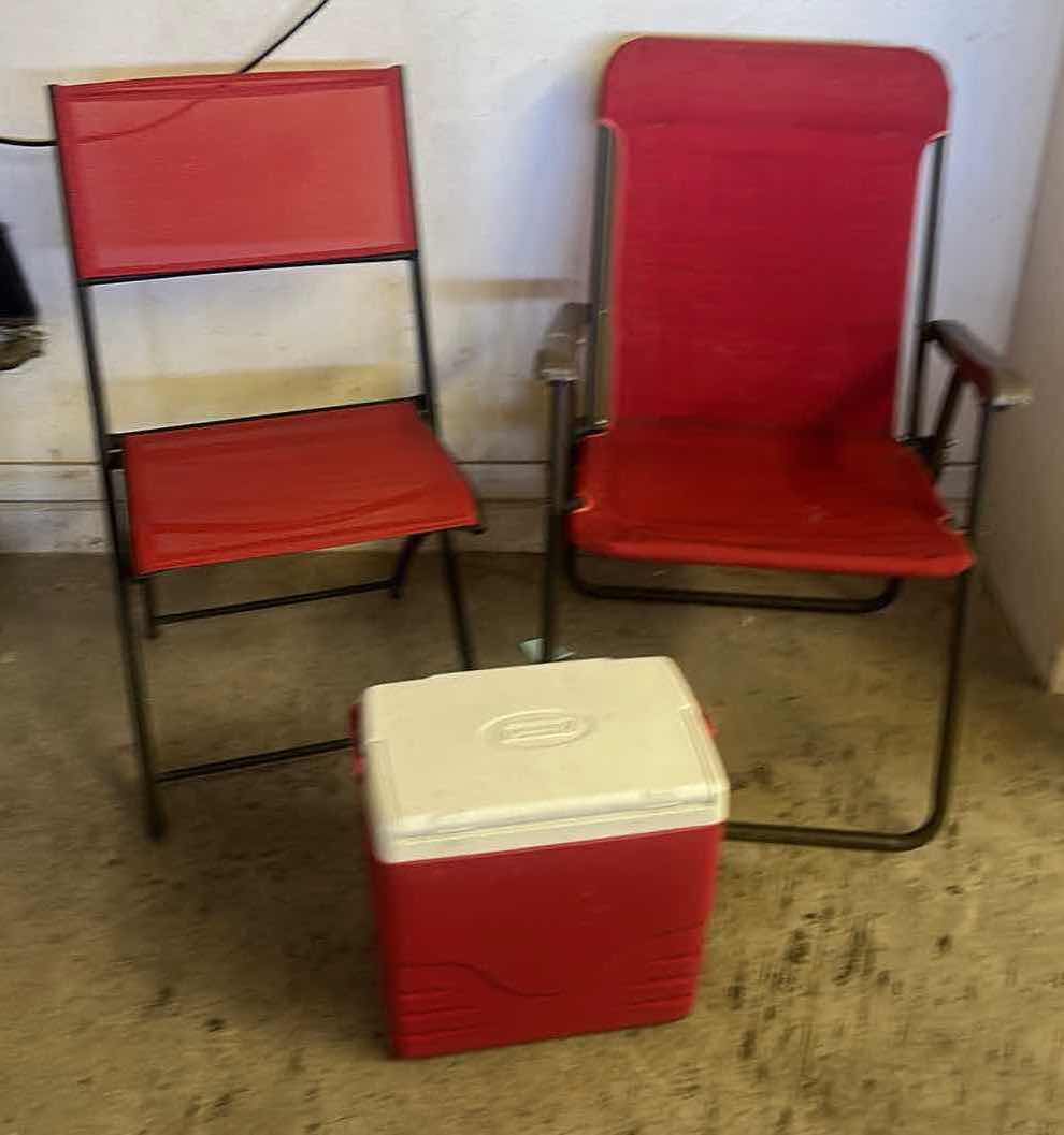 Photo 1 of 2 FOLDING CHAIRS AND COLEMAN ICE CHEST