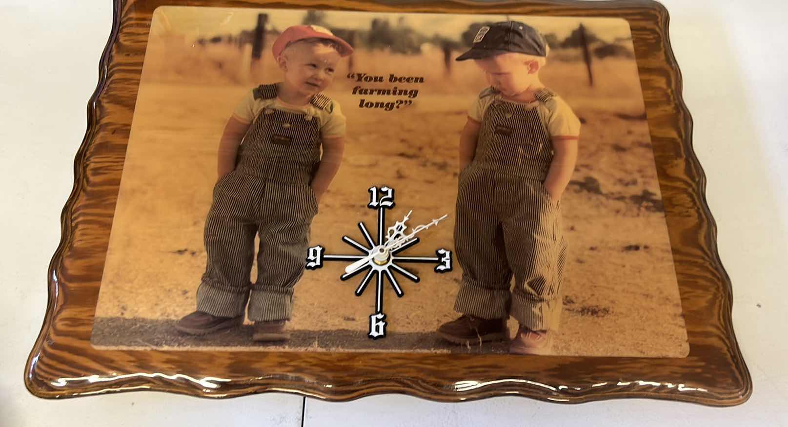 Photo 1 of VINTAGE HAND CRAFTED LACQUERED WOOD “YOU BEEN FARMING LONG” CLOCK 22” x 16”