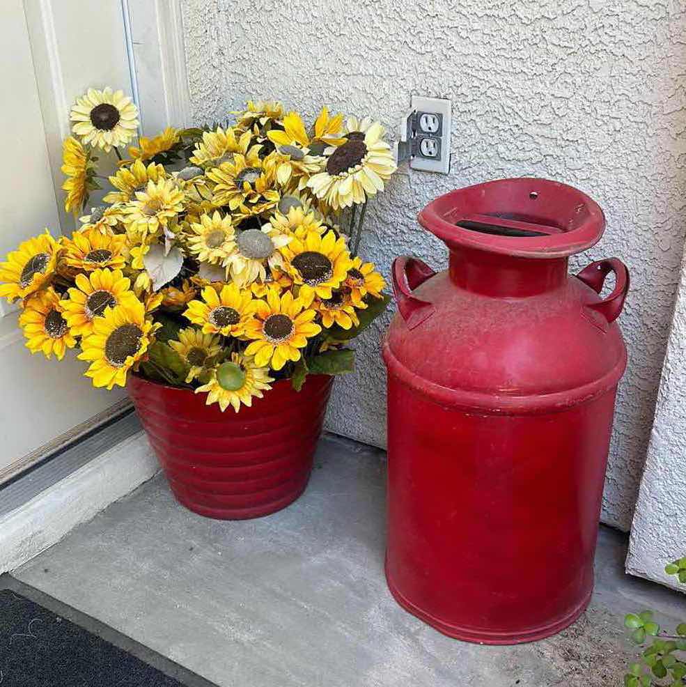 Photo 1 of RED POT WITH FAUX SUNFLOWERS AND RED MILK JUG H25”