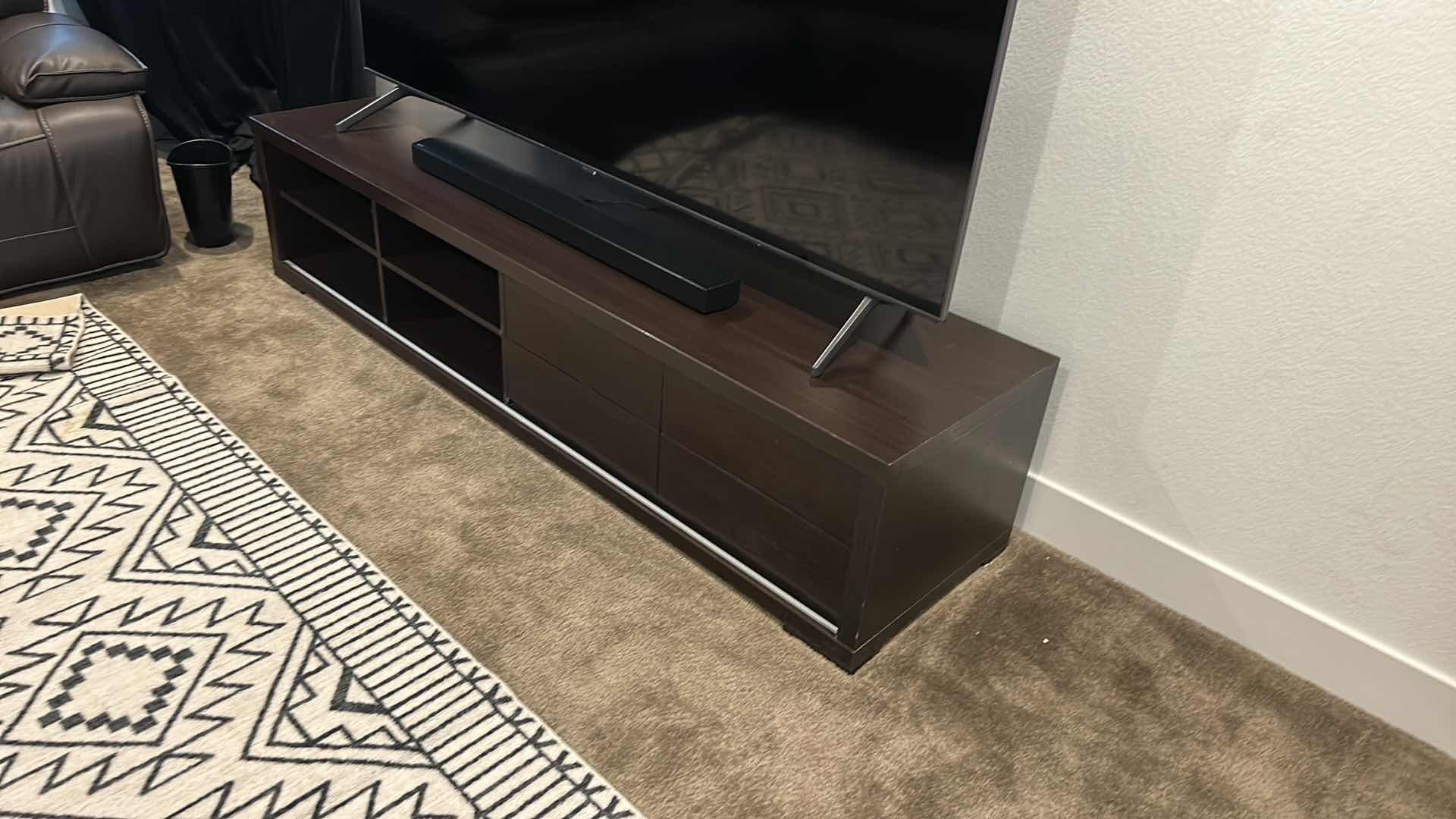 Photo 2 of SLEEK MODERN TV STAND WITH 4 PULL OUT DRAWERS AND OPEN SHELVES 83” x 22” x 18 1/4”