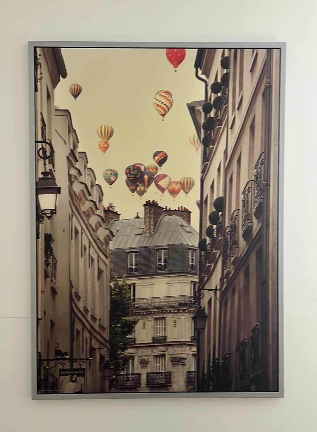 Photo 1 of HOME DECOR-“FLYING OVER PARIS” 38”x 55“ LARGE CANVAS PRINT.  SILVER PAINTED WOODEN FRAME.