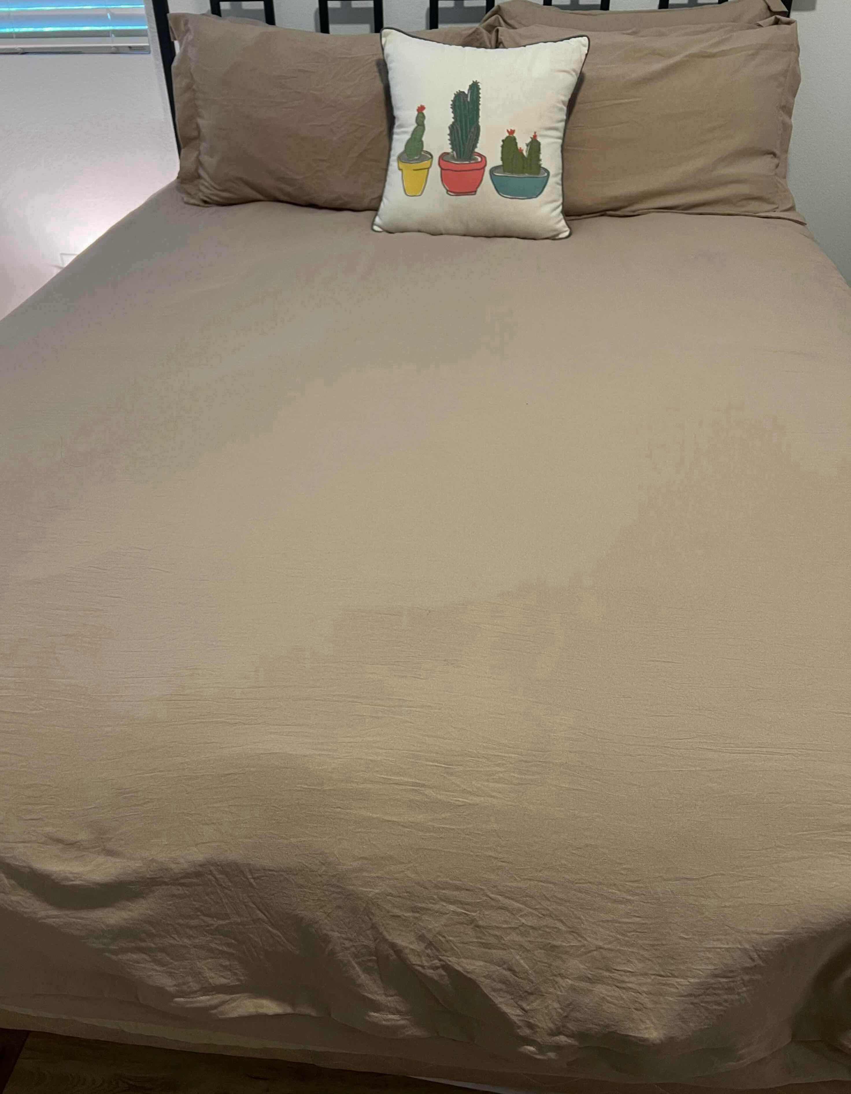 Photo 2 of BEDDING-QUEEN SIZE BEIGE DUVET AND 4 PIECE PILLOW SHAM SET. DECORATIVE CACTUS THROW PILLOW, 7 STANDARD PILLOWS (3 WITH NO PILLOW CASE)