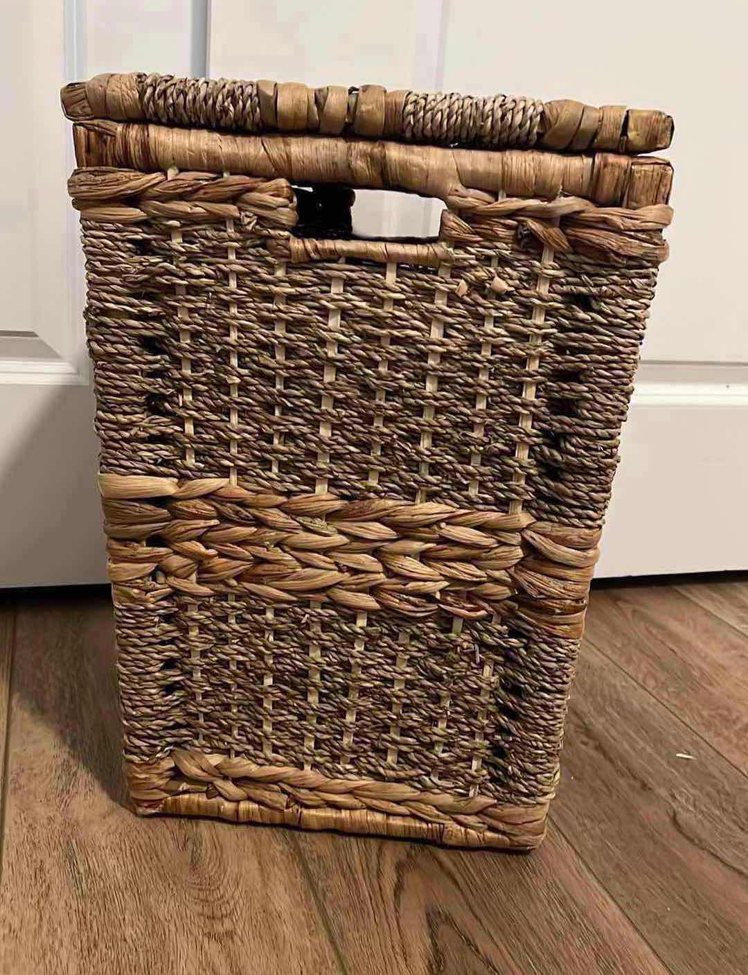 Photo 1 of HOME DECOR-WOODEN WOVEN BASKET WITH ATTACHED LID 12“ x 12“ x 18“.