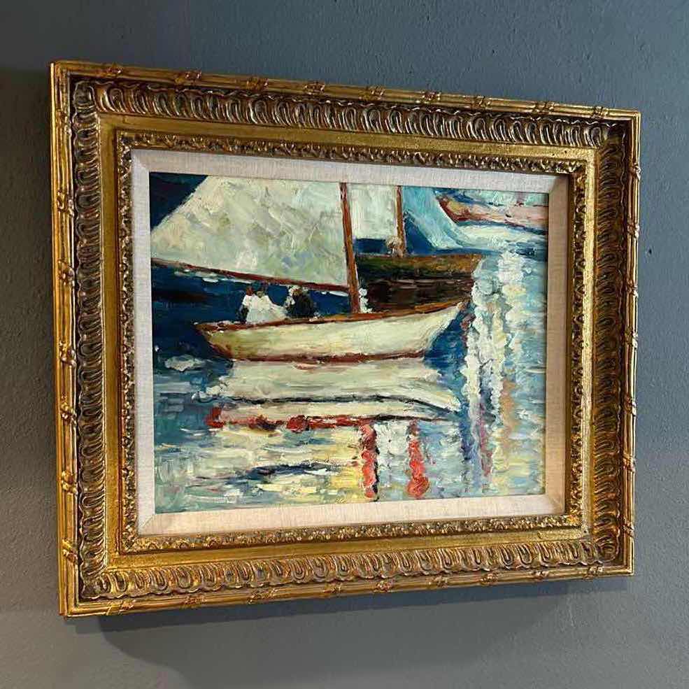 Photo 1 of GOLD, ORNATE FRAMED, OIL ON CANVAS, “SAILBOAT ON THE SEA” ARTWORK , 25" X H 21".