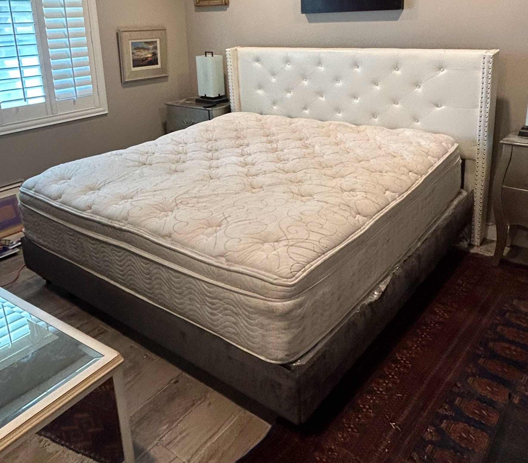 Photo 1 of KING GREY VELVET BED FRAME 78” x 83.5” AND IVORY BOLSTERED HEADBOARD 83” x H 50”