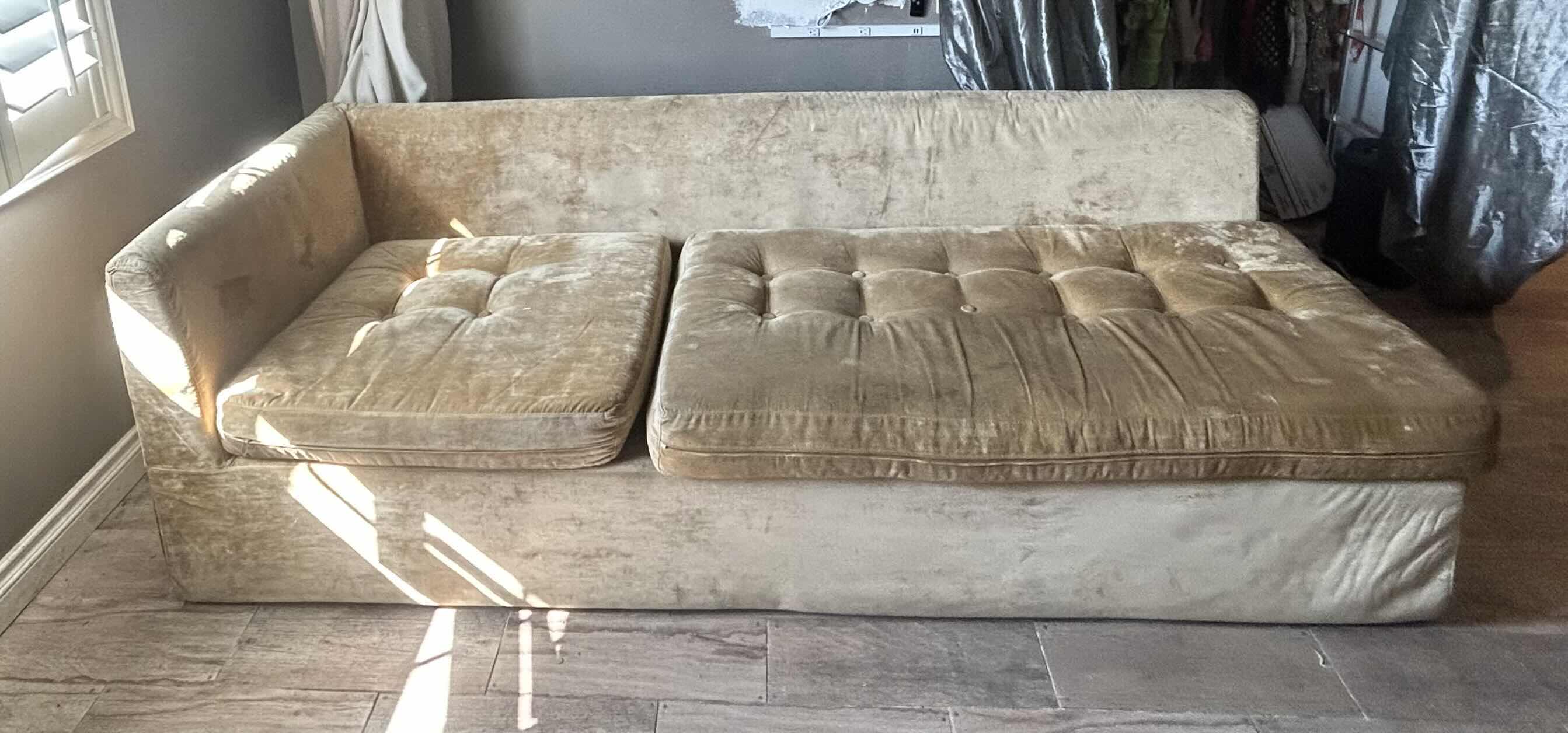 Photo 1 of 99.5" LONG X H 30” GOLD VELVET LOUNGER SOFA.