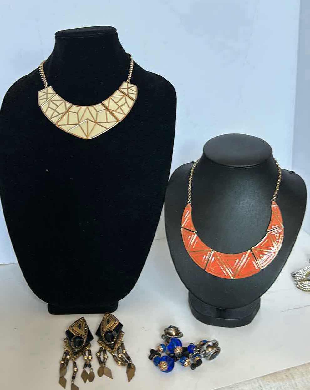 Photo 1 of COSTUME JEWELRY. TWO NECKLACES AND TWO PAIRS OF CLIP-ON EARRINGS.