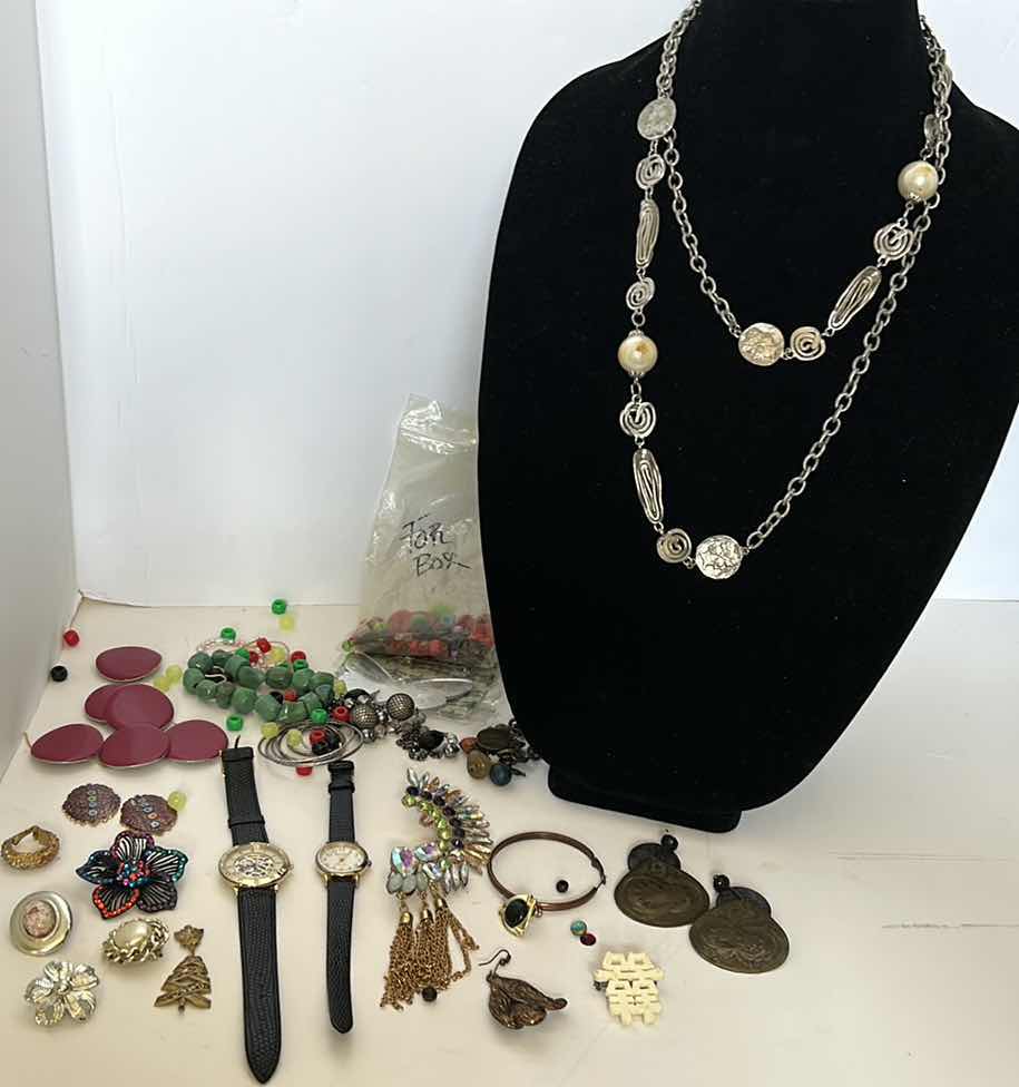 Photo 1 of COSTUME JEWELRY PIECES - 2 WATCHES, JEWELRY MAKING PIECES AND MORE